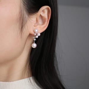 Top Luster Japanese Akoya Seawater Pearl White Diamond 18k Solid White Gold Star Earrings, Dangle Earrings, Drop Earrrings, Handmade
