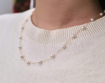 4-4.5mm Baby Akoya Pearl Tincup Necklace, Station Necklace, Y Shape Necklace, White Tone, 18K Solid Yellow Gold, Handmade