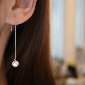 6.5mm White Tone Japanese Akoya Seawater Pearl Drop Earrings, Dangle Earrings, String Earrings, 18K Solid Yellow Gold, Handmade