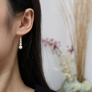 Gradient Sized Japanese Akoya Seawater Pearl French Hook Earrings, Light Champagne Tone, 18K Solid Yellow Gold, Handmade