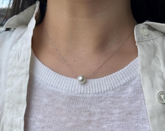 10K Solid White Gold Chain, Japanese Akoya Seawater Pearl Floating Pendant Necklace, 8.5-9mm One Pearl Necklace, Handmade, Gift Idea