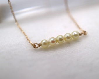 2.5-3mm Rare Size Japanese Akoya Seawater Pearl Necklace, Pearl Bar Necklace, Champagne Golden Tone, 10K Solid Yellow Gold, Handmade