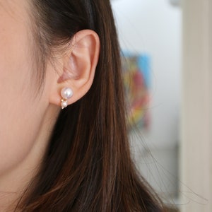 Double Pearl Diamond Earrings, 4+7.5mm White Tone Japanese Akoya Seawater Pearl, 18K Solid Yellow Gold, Handmade, Gift Idea