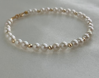 Japanese Akoya Seawater Pearl Beaded Bracelet, 4-4.5mm, White Tone, 18K Solid Yellow Gold, Handmade, Gift Idea