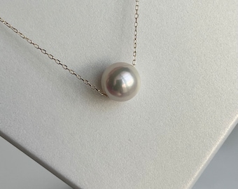 Japanese Akoya Seawater Pearl Floating Pendant Necklace, 8.5-9mm One Pearl Necklace, 10K Solid Yellow Gold, Handmade, Gift Idea