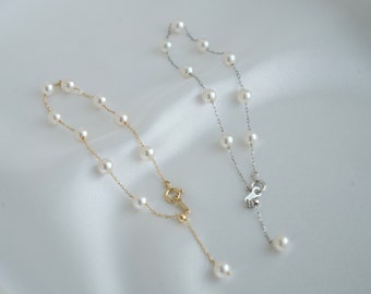 4.5-5mm Japanese Akoya Seawater Pearl Station Bracelet, Tincup Bracelet, White Tone, 18K Solid Gold Chain, Handmade, Gift Idea