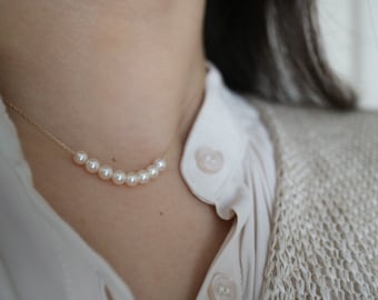 Japanese Akoya Seawater Pearl Necklace, Floating Pearl Necklace, Smile Necklace, 4-4.5mm Cream Golden Tone, 10K Solid Yellow Gold, Handmade