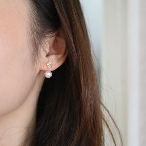 White Topaz 7.5mm Akoya Pearl Dangle Earrings 18K Solid Yellow Gold, Japanese Seawater Pearl, Handmade