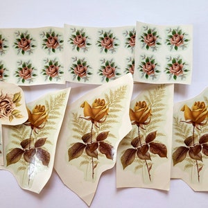 Peut inclure: Assortiment d'autocollants en papier de roses vintage. Certains autocollants présentent des roses roses avec des feuilles vertes, tandis que d'autres présentent des roses jaunes avec des feuilles brunes et un feuillage ressemblant à des fougères. Les autocollants sont imprimés sur du papier blanc et ont une finition brillante.