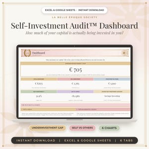 May include: A digital Self-Investment Audit Dashboard for Excel and Google Sheets. The screen displays financial data including an underinvestment gap of 705 euros, total investment of 8,675 euros, and self-investment of 2,765 euros.