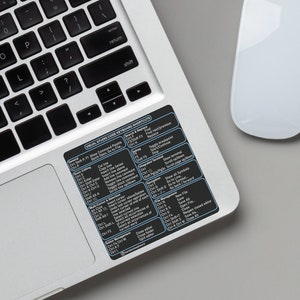 May include: A laptop keyboard with a black sticker displaying Visual Studio Code keyboard shortcuts. The sticker is on the lower left of the keyboard. A white mouse is on the right side of the image, and a gray mousepad is below.