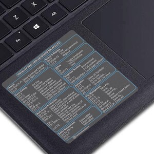 May include: A keyboard shortcut sticker for Visual Studio Code, featuring commands for basic editing, navigation, and file management. The sticker is gray with white text and is placed on a black laptop keyboard.