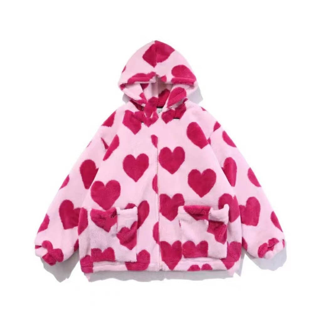 Pink Faux Fur Hearts Jacket Fuzzy Hearts Trendy Jacket Etsy