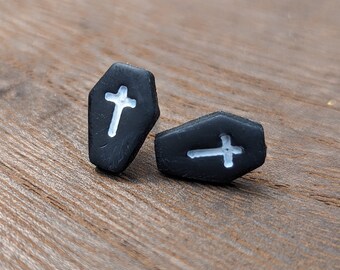 Coffin Stud Earrings, Stainless Steel Nickle Free Metal Earring, Halloween Spooky Earrings