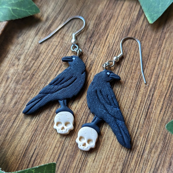 Raven on Skull Dangle Earrings, Stainless Steel Nickle Free Metal Earring, Halloween Spooky Earrings