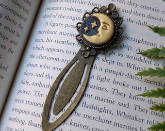 Moon with Face Handmade Metal and Clay Celestial Bookmark