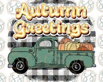 Puede incluir: Una camioneta vintage verde con una cama blanca llena de calabazas naranjas y amarillas. La camioneta está sobre un fondo a cuadros blanco y negro con las palabras "Autumn Greetings" en letras amarillas.
