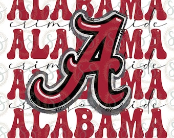 May include: A red and black graphic of the letter "A" with the word "ALABAMA" repeated four times in a red, vintage font. The words "crimson tide" are written in black script below the letter "A".