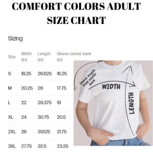 The image is a size chart for adult t-shirts, providing measurements for different sizes such as S, M, L, XL, and 3XL. The chart includes a diagram of a person wearing the t-shirt, which helps visualize the size and fit.