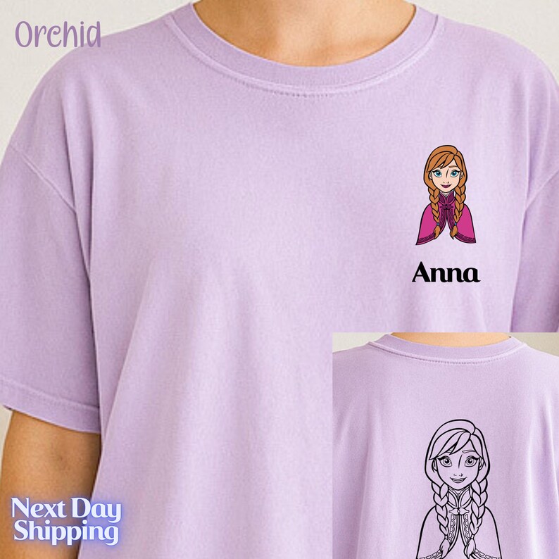 A person wearing a purple t-shirt with a cartoon image of a girl and the name 'Anna' printed on it.