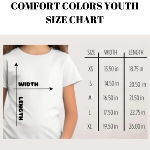 The image is a size chart for youth t-shirts, showing the measurements for different sizes (XS, S, M, L, XL, and XXL).