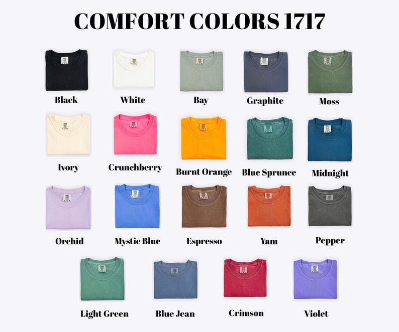 a collection of 16 different colored t-shirts, each with a unique color and label, arranged in a grid format.