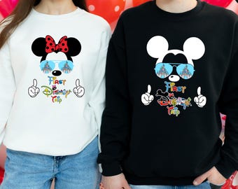 Retro First Disney Trip Sweatshirt, Custom Mickey and Minnie Sunglasses Aesthetic Hoodie