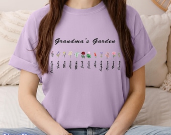 Custom Grandmas Garden Comfort Colors T-Shirt, Personalized Birthflower Shirt