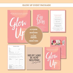 Puede incluir: Un diseño gráfico rosa y blanco con el texto "Glow Up" en una fuente grande y estilizada. El diseño está rodeado de un fondo rosa y blanco similar a la acuarela. El texto "The Big Beauty Glow Up Event" también está incluido en el diseño. El diseño forma parte de un paquete más grande que incluye un póster A2, una invitación, dos diseños de tarjetas y un formulario de pedido.