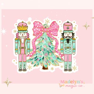 May include: Watercolor illustration featuring two nutcrackers flanking a Christmas tree with a large pink bow. The nutcrackers are in pink and teal uniforms with gold accents. The tree is teal with gold trim, set against a pink background with gold stars.
