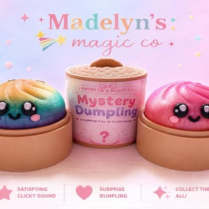 May include: Two round, smiling dumpling toys in tan containers, one rainbow-colored and one pink. Between them sits a cylindrical container labeled Madelyn's Magic Co Mystery Dumpling, A Surprise Full Of Clicky Magic, with a question mark icon.
