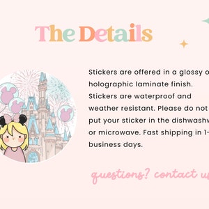 May include: A light pink background with the text "The Details" in pastel colours. A circular illustration features a cartoon girl, balloons, and a castle. The text states the stickers are waterproof and weather resistant.