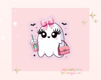 May include: A pink and white ghost with a pink bow, eyelashes, and a pink purse. The ghost is holding a pink and green Starbucks cup. The background is pink with a white border.