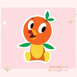 May include: Orange bird character with a yellow beak and large eyes. The bird is sitting with its legs crossed and has a green leaf on its head.