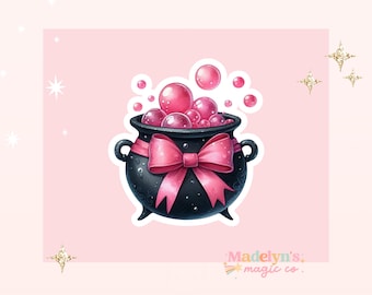 May include: A black cauldron with a pink bow and pink bubbles rising from the top. The cauldron is on a pink background.