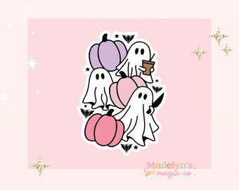 May include: A sticker featuring cartoon ghosts and pumpkins in shades of pink and purple. One ghost holds a coffee cup, and another holds a knife. The sticker has a white border and is set against a pink background with stars and glitter.