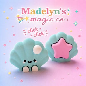May include: Two light blue seashell-shaped fidget toys with a matte finish. One features a white pearl and a smiling face with two white feet, while the other displays a pink star center. Text above reads Madelyn's magic co and click click.