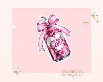 May include: A pink can of Diet Coke with a pink bow and a straw. The can is covered in pink hearts.