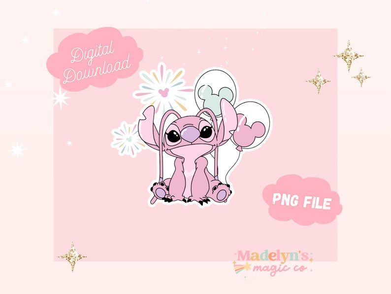May include: Pink Stitch character holding balloons with Mickey Mouse ears. The balloons are light blue, green, and pink. There are fireworks in the background. The image has a pink background with gold glitter stars.