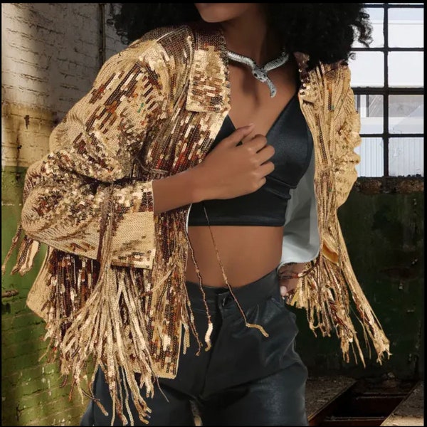 SALE - IMPERFECT - Disco Cowgirl, Fringe Sequin Bomber Jacket! Please read description!