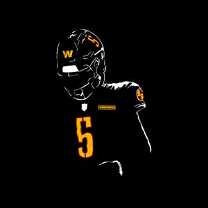 May include: A black and white silhouette of a football player wearing a helmet and jersey with the number "5" and the word "COMMANDERS" on the front. The player is facing the right side of the image.