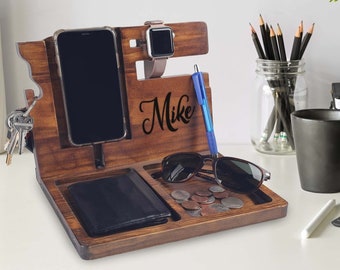 Gift for him, Charging station, Docking Station Wood, Personalized Desk Organizer, Accessories Holder, Men’s Wallet Tray, Father’s Day Gift,