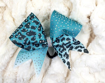 Teal Leopard Cheer Bow, Teal Cheetah Cheer Bow,  Rhinestone Cheer Bow, Competition Bow, Team Bows