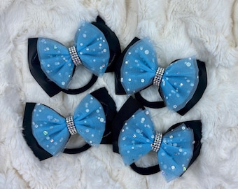 1 Set of 2 mini tailless bows, black mystique fabric, with light blue tulle