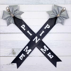 Pin Me Ribbon, Purple And Gold Pin Me Ribbons, Cheerleader Ribbons, Bookbag Accessories, Cheer Accessories, Black Bows, Rhinestone Bow