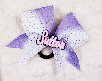 Ombré Rhinestone Cheer Bow, Lavender, 3d center personalization