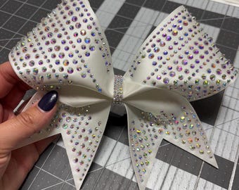 White Satin Rhinestone Cheer Bow: AB Crystal Rhinestones 3 size stones
