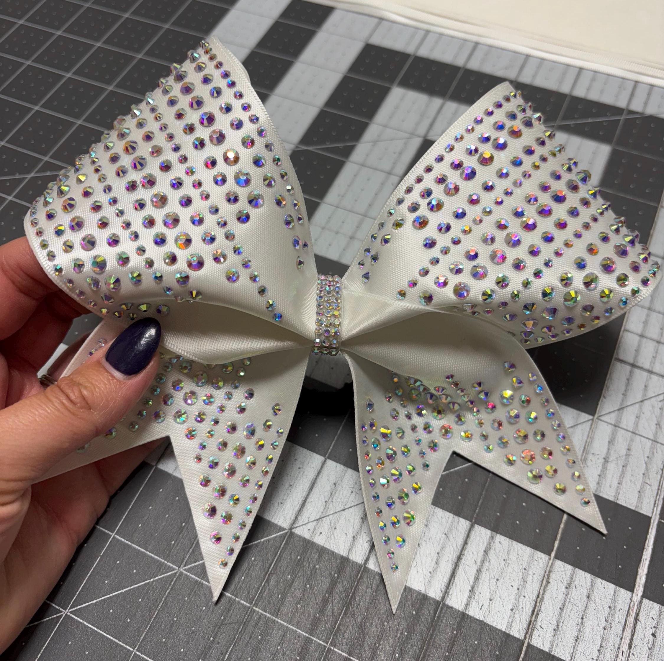 White Satin Rhinestone Cheer Bow: AB Crystal Rhinestones 3 Size Stones ...