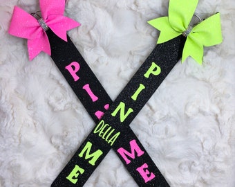 Pin Me Ribbon Pin Me Cheer Pin  Bag Tag Team Gifts Competition Pin , Neon Colors Pin Me lanyard