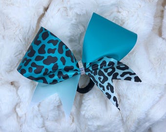 Teal Leopard Print Satin Cheer Bow
